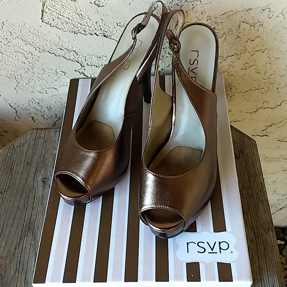 Bronze open-toe slingback mini-platform pumps
